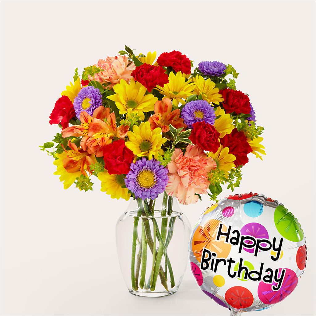 Kaleidoscope Bouquet with Birthday Balloon – LARRY'S FLORIST, Cliffside Park NJ